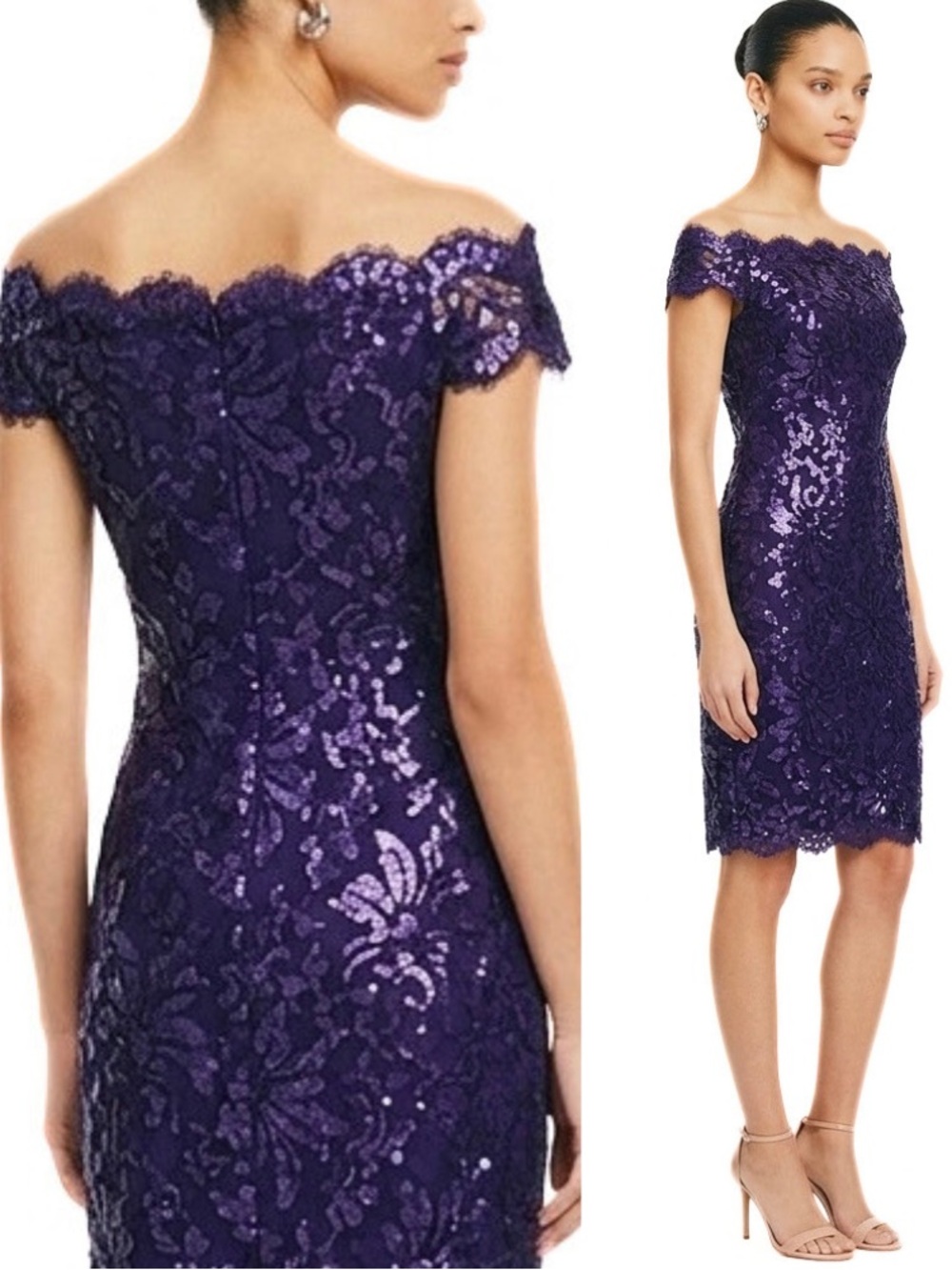 NWT Tadashi Shoji Sequin Scallop Lace Cocktail Dress Size 4 Cap Sleeve